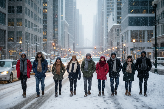 Generer une image pour une baniere principale d'un site avec des personne sous la neige bien couverte avec des vetements de neiges dans une grandes villle et devoiture