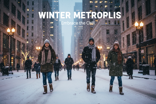Generer une image pour une baniere principale d'un site avec des personne sous la neige bien couverte avec des vetements de neiges dans une grandes villle