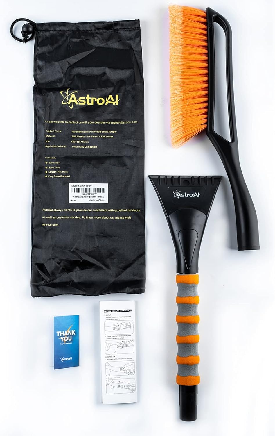 AstroAI Balai à neige et grattoir amovible de 68,6 cm avec poignée ergonomique en mousse pour voitures, camions, VUS (ABS résistant, brosse en PVC)