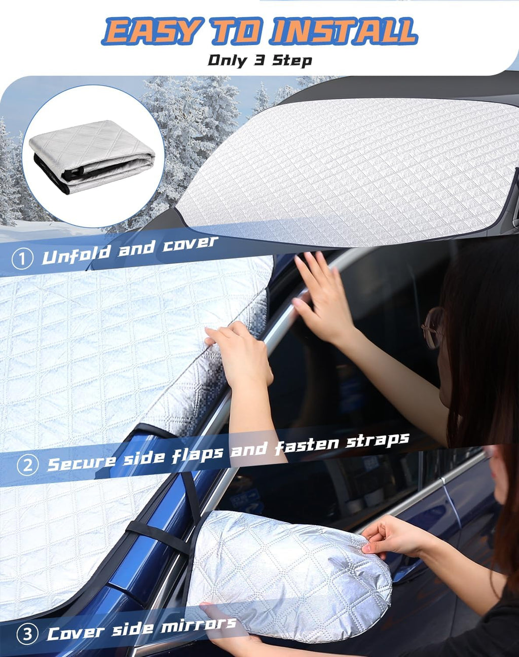 Windshield Cover for Snow and Ice, Upgraded 4-Layer Material Thickened Windshield Snow Cover with Mirrors, Waterproof Dustproof Frost Guard Magnetic Car Cover for Winter, Fits Most Cars SUVs