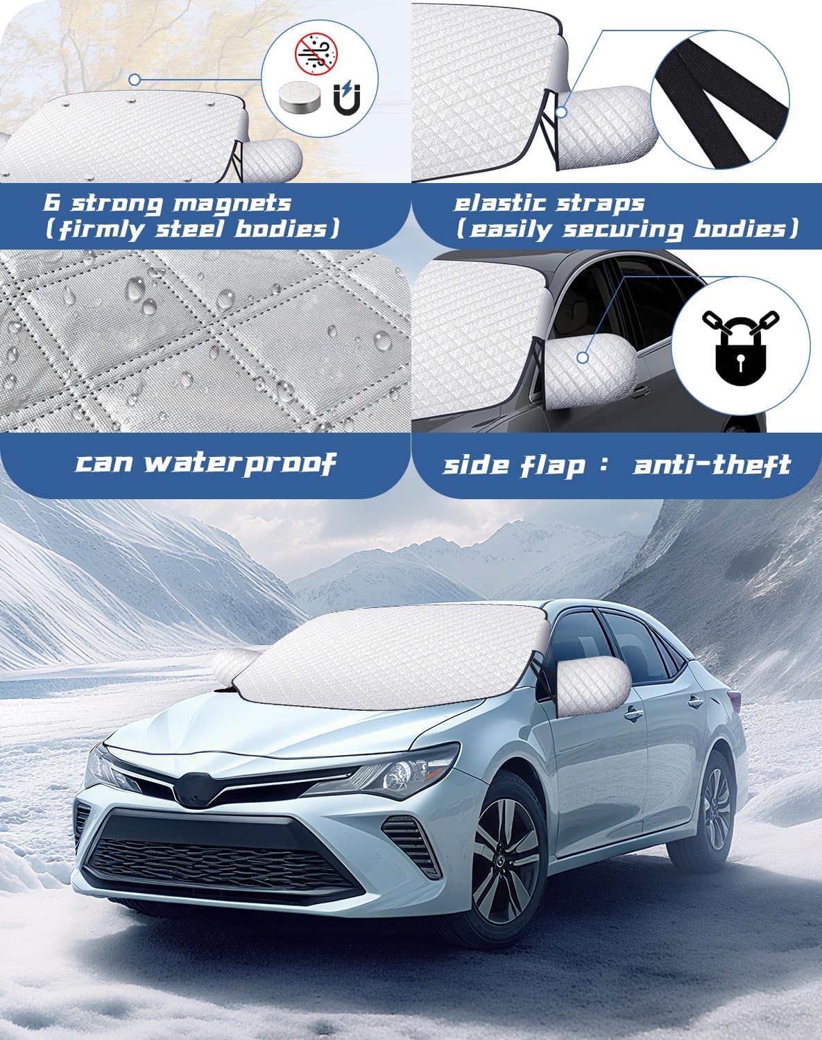 Windshield Cover for Snow and Ice, Upgraded 4-Layer Material Thickened Windshield Snow Cover with Mirrors, Waterproof Dustproof Frost Guard Magnetic Car Cover for Winter, Fits Most Cars SUVs