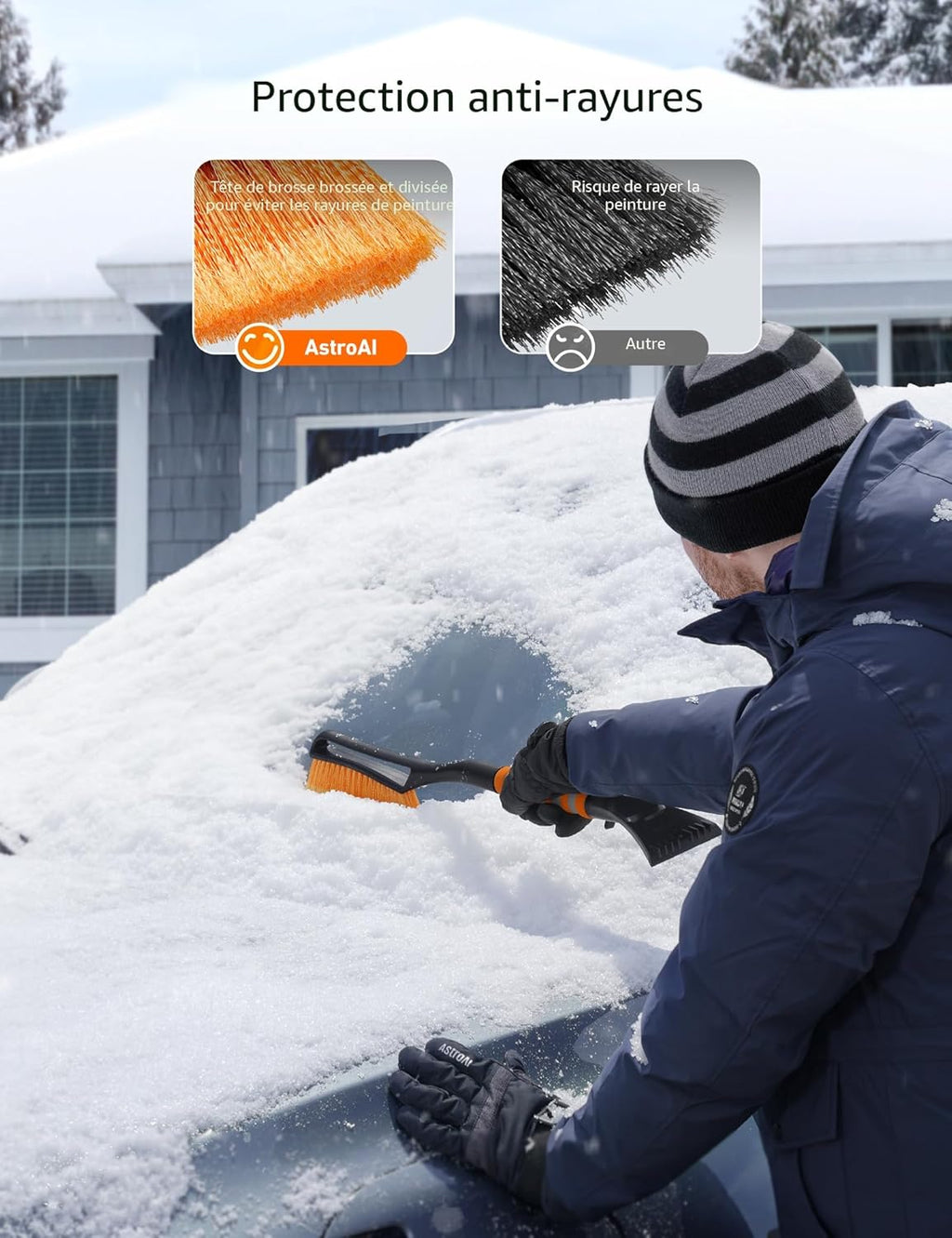AstroAI Balai à neige et grattoir amovible de 68,6 cm avec poignée ergonomique en mousse pour voitures, camions, VUS (ABS résistant, brosse en PVC)